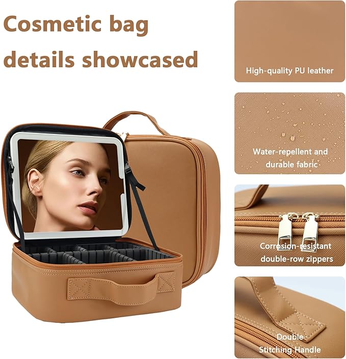 Makeup Bag with Led Mirror,Large Vanity Makeup Cases with 3 Color Setting,Portable Storage and Adjustable Dividers,for Women and Makeup Artists Cosmetic Organizer Travel Makeup Bag-Brown