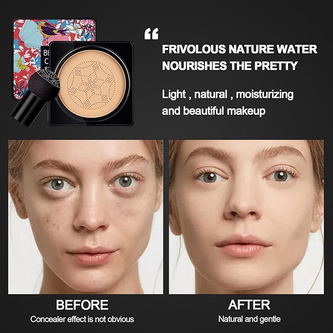 NUIBO 2PCS Air Cushion CC Cream Mushroom Head, Moisturizing Concealer Makeup Base, Primer Liquid Foundation Long Lasting with Two Mushroom Makeup Sponges 【Natural X 2】