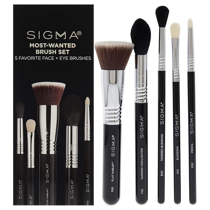 Sigma Beauty Most-Wanted Brush Set — Set of 5 Favorite Makeup Brushes for Foundation, Highlighter, Eyeshadow, Pencil Liner, and Blending (5 pcs)