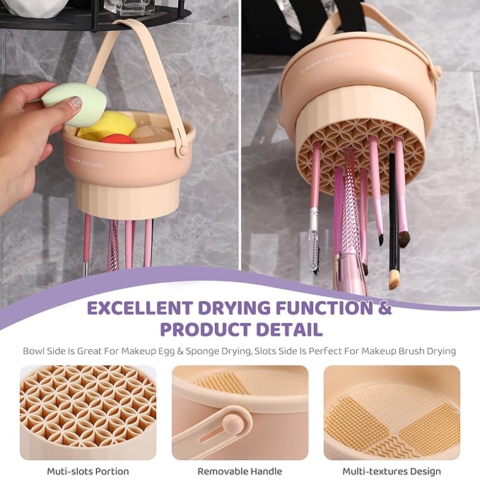2 Pack Makeup Brush Cleaner Mat 3 in 1 Silicone Makeup Brush Cleaning Bowl Makeup Brush Sponge Scrubber Tool for Cleaning, Storage and Upside Down Drying, （Two Khaki）