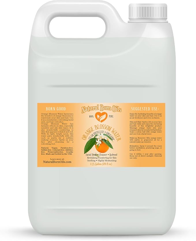 Orange Blossom Water, 1 Gallon, Organic, Steam-Distilled, Pure Floral Hydrosol, Facial Toner & Cleanser, with Sprayer. Natural Born Oils.