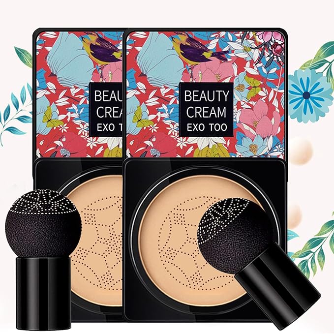2 Pack Mushroom Head Air Cushion CC Cream Foundation, Moisturizing BB Cream, Long Lasting Matte Concealer with 2PCS Mushroom Head Sponges (Natural)…