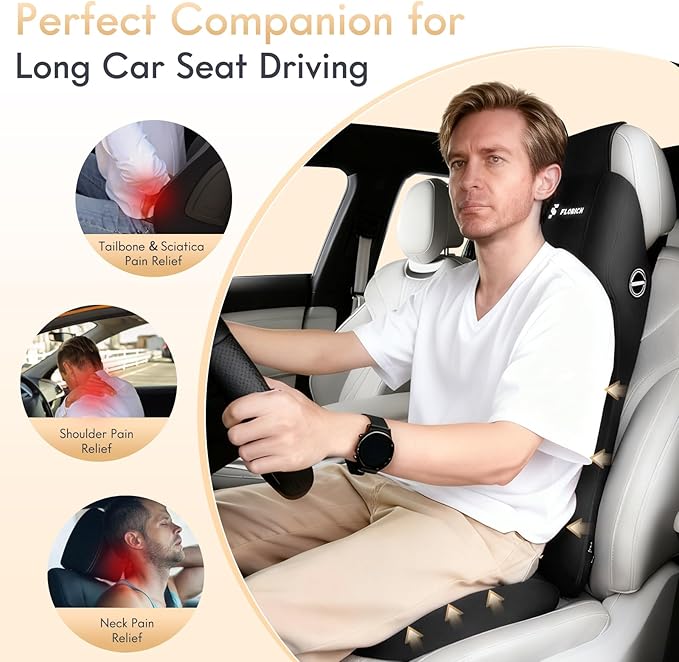 FLORICH Car Seat Cushion and Lumbar Support Headrest Pillow Memory Foam Ergonomic Car Cushion Back Neck Support Pillow Sciatica & Back & Tailbone Pain Relief Cushion for Car Seat Driving, Black