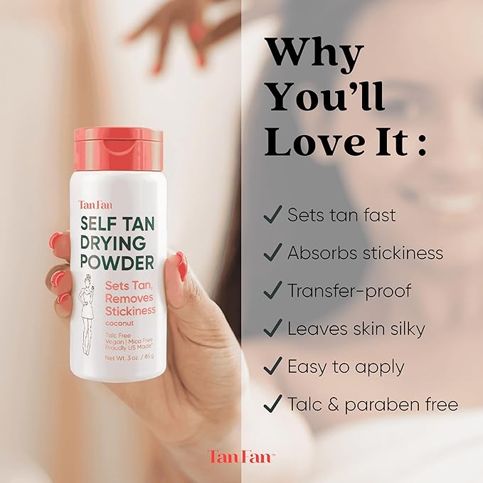 Tan Fan Self Tan Drying Powder - Stops Sticky Feeling After Sunless Tanner - 100% Vegan Talc-Free Translucent Loose Setting Powder In Shaker Bottle For Smooth Silky Skin - USA Made (SINGLE)