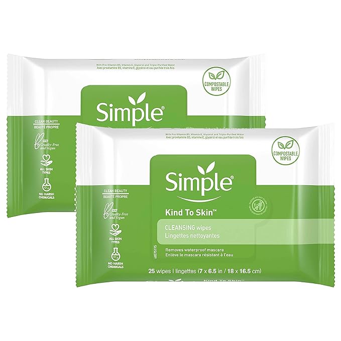 Simple Kind to Skin Facial Wipes Gentle and Effective Makeup Remover Cleansing Free from color and dye artificial perfume and harsh chemicals 25 Wipes, Pack of 2