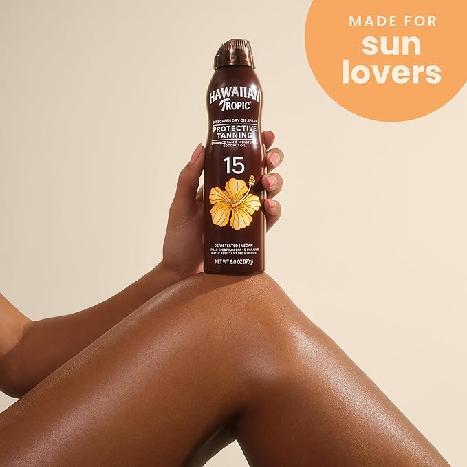 Hawaiian Tropic Dry Oil Tanning Spray Sunscreen SPF 15, 6 oz | Protective Sun Tanning Oil with SPF 15 Sunscreen, Oxybenzone Free, 6 oz