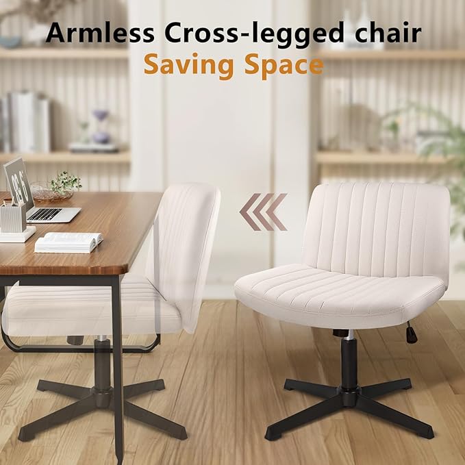 Criss Cross Chair, Cross Legged Desk Office Vanity Chair, Comfortable Beige Vanity Stool with Back, Armless Fabric Adjustable Wide Swivel Criss Cross Desk Chair for Home Office