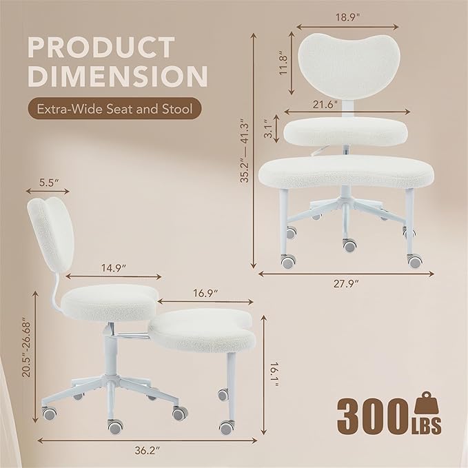 Ergonomic Cross Legged Chair with Wheels,360° Swivel Meditation Chair,ADHD Chair, Criss Cross Desk Chair with Lumbar Support and Adjustable Stool, Flexible Design for Fidgety Sitters, Ivory