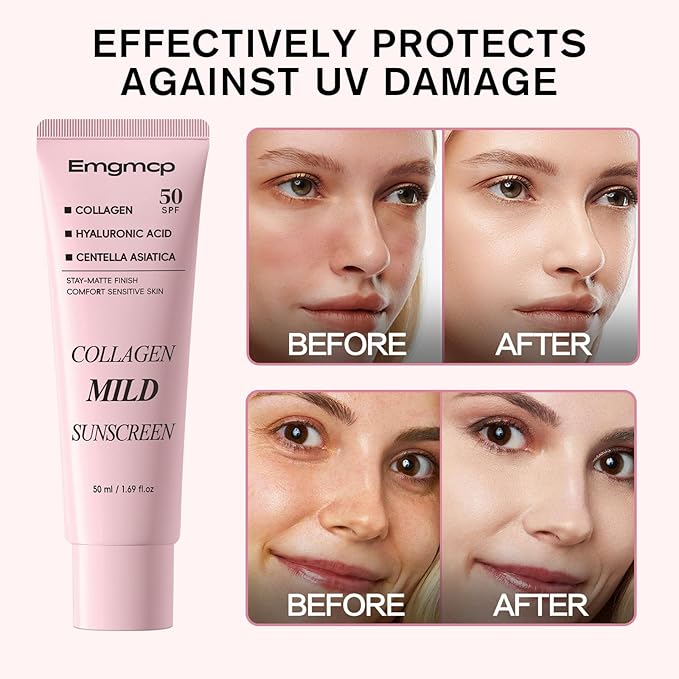 Collagen Mild Sunscreen, SPF 50 Broad Spectrum Facial Sunscreen, Lightweight Non-Greasy No White Cast, Hydrating Formula with Peptide & Cica for Soothing & Natural Glow (1pc)