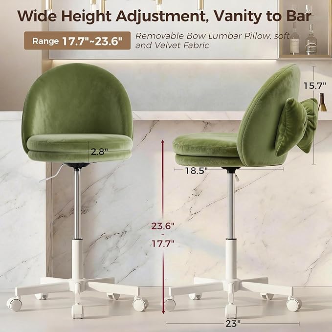 GTPOFFICE Vanity Chair with Back, Adjustable Tall Office Chair High Swivel Bar Stools Fluffy Cute Desk Chair Comfy with Wheels Bow Pillow Armlees for Adults Standing Desk Bar, Soft Velvet, Green