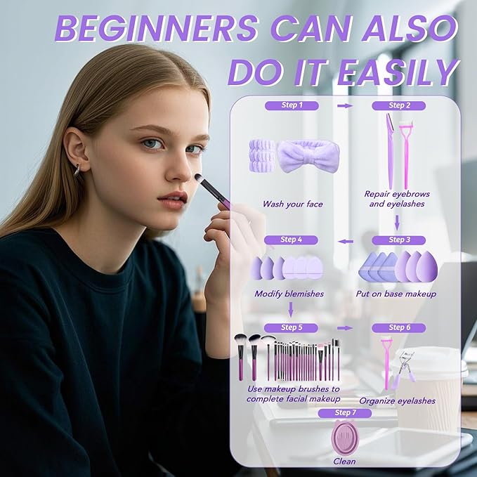 Makeup Brush Set, 49Pcs Makeup Tool Set Premium Synthetic Foundation Concealers Powder Eye Shadows Makeup Brushes Kit for for Beginner Professional, Purple