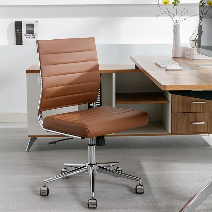 Okeysen Brown Armless Office Desk Chair, Mid Back Ergonomic Swivel Conference Room Chairs, Adjustable Height PU Leather Home Desk Chair, Modern Small Rolling Computer Task Chair