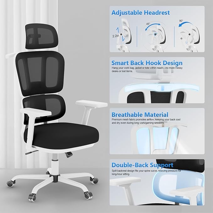 Office Chair Ergonomic Desk Chair with Lumbar Support and Headrest, Thick Cushion Mesh Computer Chair with Armrest and Tilt Lock, High Back Home Office Desk Chairs for Men Women