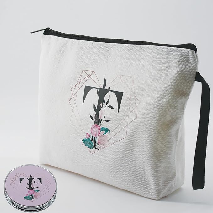 Personalized Initial T floral Makeup Bag set with Mirror for Women,White Ietter T Bride Bridesmaid travel Cosmetic bag kit with10 pieces pink brush set,Initial T Gifts for Girls Mom femal Friends