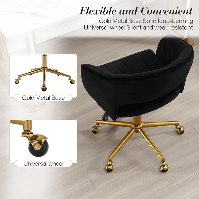 Home Office Swivel Desk Chair, Modern Velvet Vanity Chair, Height Adjustable Armchair with Gold Base, Ergonomic Office Chair for Task Study Computer Room, Black