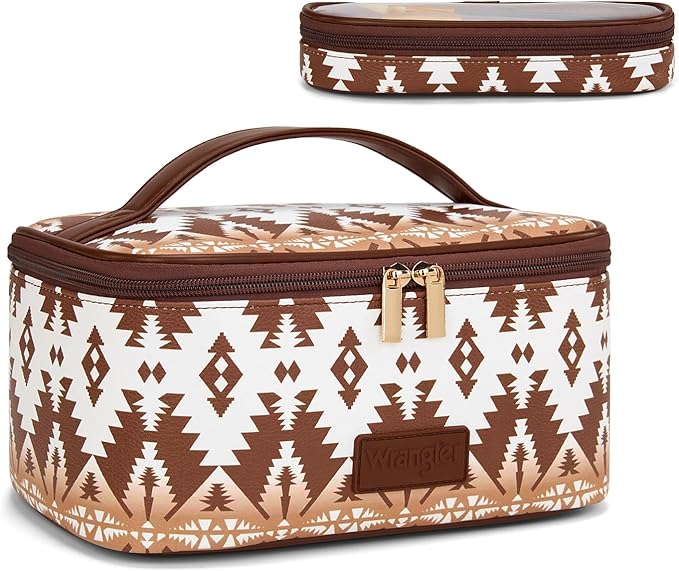 Montana West X Wrangler Travel Makeup Bag 2pcs Set Large Cosmetic Bag with Makeup Brush Holder Portable Make Up Organizer Cute Toiletry Bag with Divider and Handle for Women Aztec