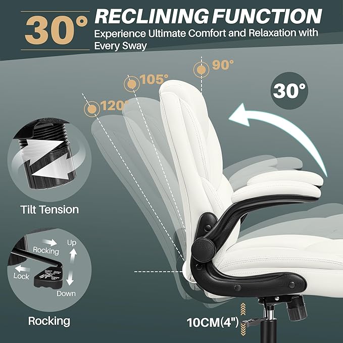 FelixKing Leather Office Chair, Small PU Ergonomic Desk Chair, Comfy Computer Chair with Wheels and Flip-up Armrests, Adjustable Height Mid Back Executive Office Chair for Short People-White