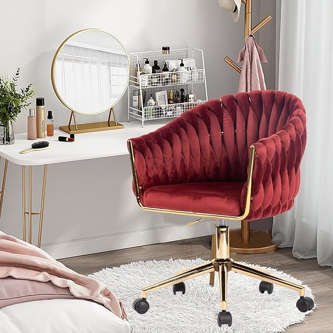 Velvet Office Chair, Vanity Chairs with Wheels, 360° Swivel Velvet Home Office Desk Chair, Accent Chair Makeup Vanity Chair for Bedroom, Living Room(Red)