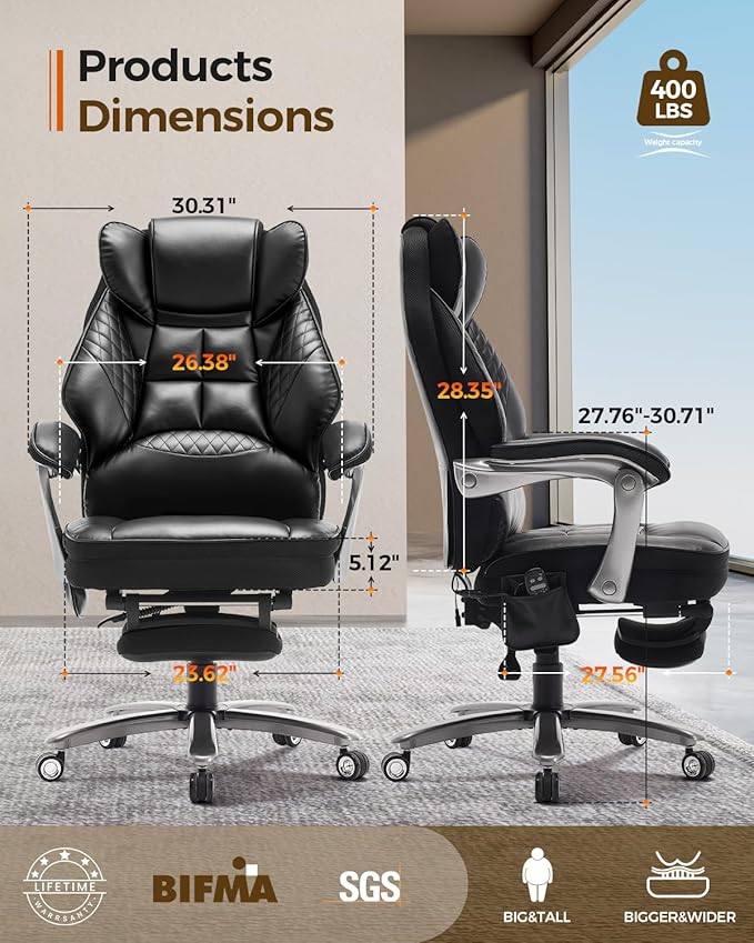 600LBS Big and Tall Office Chair with Massage and Heat, 23.5" Wide Leather Office Chair with Back Support, Ergonomic Comfort 140° Reclining Desk Chairs Managerial Chairs for Heavy People
