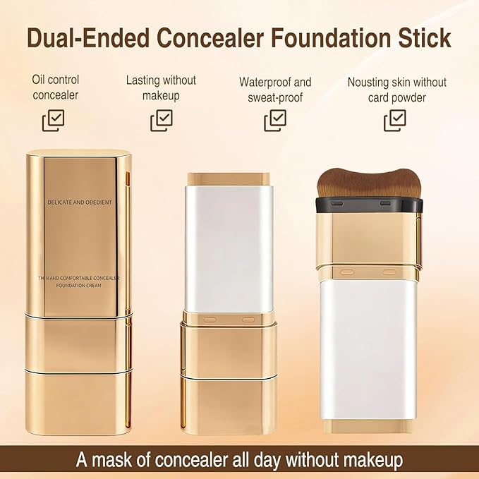 Dual-Ended Concealer Foundation Stick,Foundation Stick Korean 3 in 1,Full Coverage Cream Built-In Sunscreen,Long-Lasting StickFoundation (02 Natural Color)