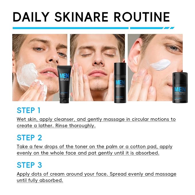 Mens Skin Care Kit, 3-Piece Men's Daily Essential Skincare Set with Cleanser, Toner & Moisturizer, Lightweight Hydrating & Firming Routine for Sensitive Dry Skin, Gift Set for Men & Teenagers