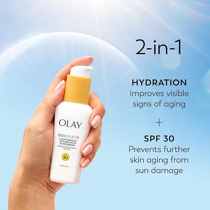 Olay Face Moisturizer, Complete with Sunscreen SPF 30, Fragrance-Free for Sensistive Skin, Broad Spectrum Sun Protection, Long-Lasting Hydration, Non-Comedogenic - Vitamin E & Aloe - 2.5 Oz - 4 Pack