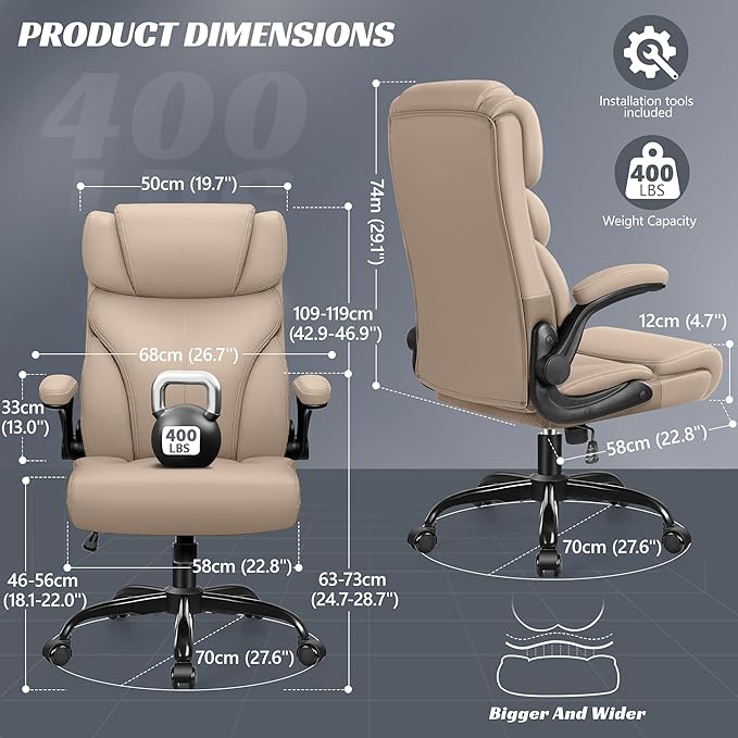 Office Chair, Ergonomic Big and Tall Computer Desk Chairs, Executive Breathable Leather Chair with Adjustable High Back Flip-up Armrests, Lumbar Support Swivel PC Chairs with Rocking Function