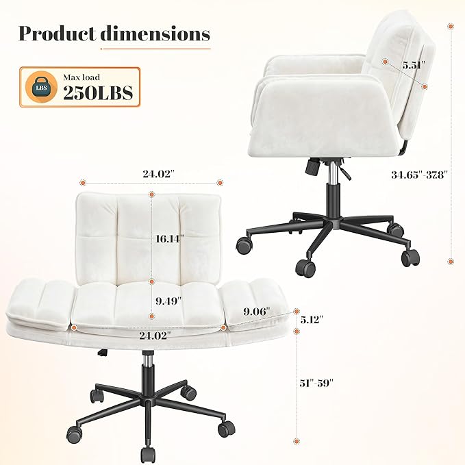 Criss Cross Chair with Wheels, Plush Fleece Vanity Chair with Adjustable Armrests, Ergonomic Office Chair for Bedroom, Makeup Room and Office Room, White