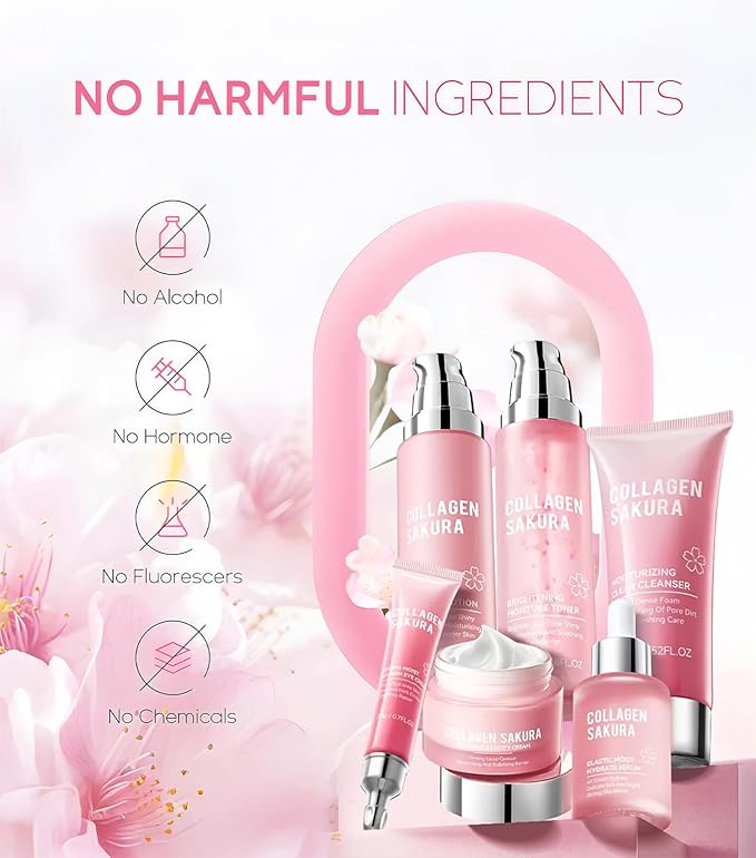 Cherry Blossom Skincare Gift Set with Cleanser, Collagen Sakura Moisturizing Revitalizing Six Piece Set, Toner, Lotion, Serum, Cream & Eye Cream for Teens Girls & Women