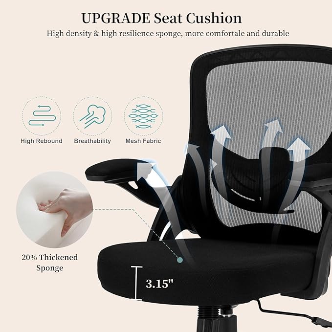 Ergonomic Office Chair Comfy, Mesh Desk Chair with Flip up Armrests, Swivel Computer Desk Chair with Adjustable Lumbar Support and Height for Home Office, 300 lbs Capacity