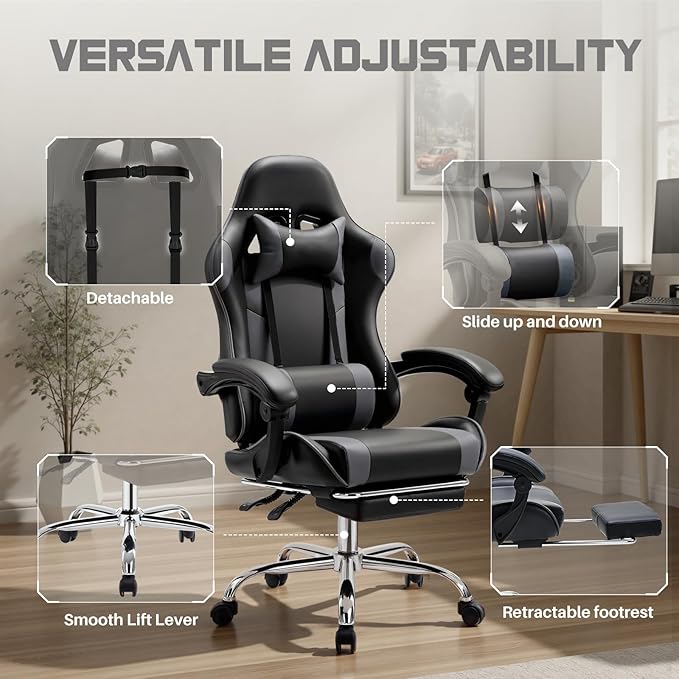 NEWBULIG Gaming Chair with Footrest – Ergonomic High-Back with Lumbar & Headrest Support, Comfy PU Leather Recliner with Linkage Armrests, Adjustable Height, 360° Swivel, Grey