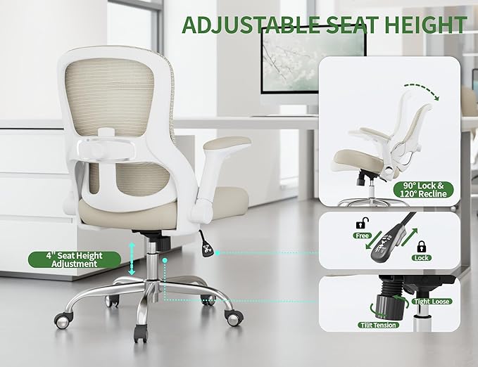 Ergonomic Office Chair - Home Office Desk Chairs Comfy, Computer Chair Ergonomic, Office Chairs with Lumbar Support, Executive Task Chair for Adults, Comfortable for Long Hours (White Beige)