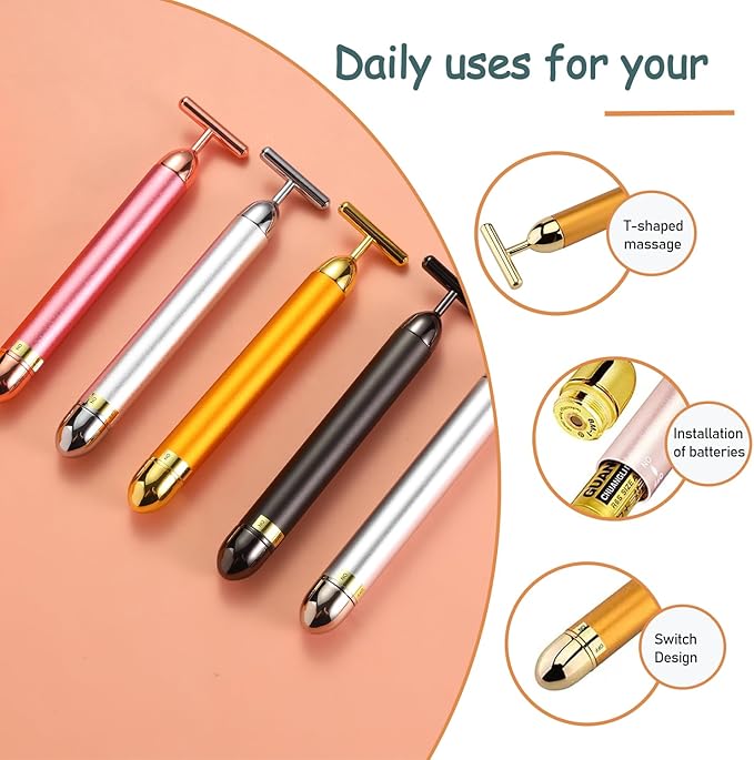 Beauty Bar 24K Gold Facial Massager - Face T Shape Tool for Skin Care Tightening with Ergonomic Design (Gold)