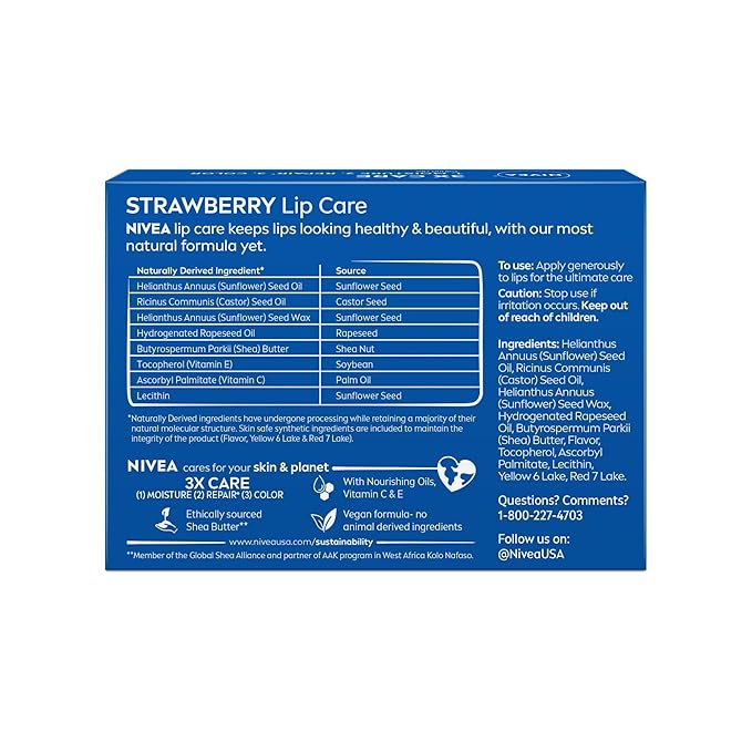 NIVEA Strawberry Lip Care, Red Tinted Lip Balm Pack with Shea Butter, Nourishing Oils and Vitamin C & E, 3-in-1 Moisture, Repair and Color, 0.17 Oz Stick, Pack of 4