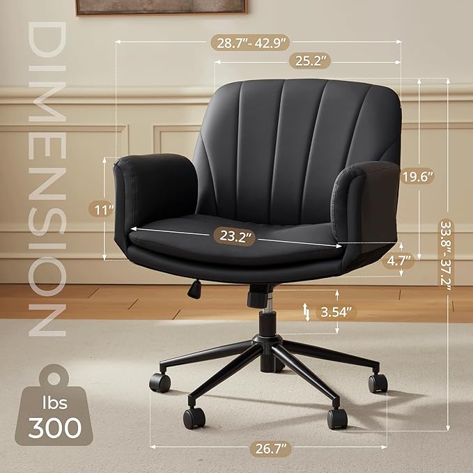 Dowinx Criss Cross Chair with Five-Level Adjustable Arms and Wheels - Comfortable Ergonomic PU Leather Swivel Vanity Chair - Computer Makeup Gaming Chair for Home Office, Bedroom, Living Room (Black)