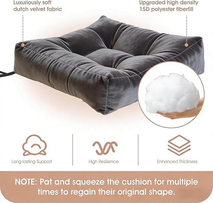 Rocking Chair Cushion Indoor Large Chair Pads Set with Ties Extra Lumbar Pillow Premium Dutch Velvet High Resilience Filler Non-Slip Bottom, Grey