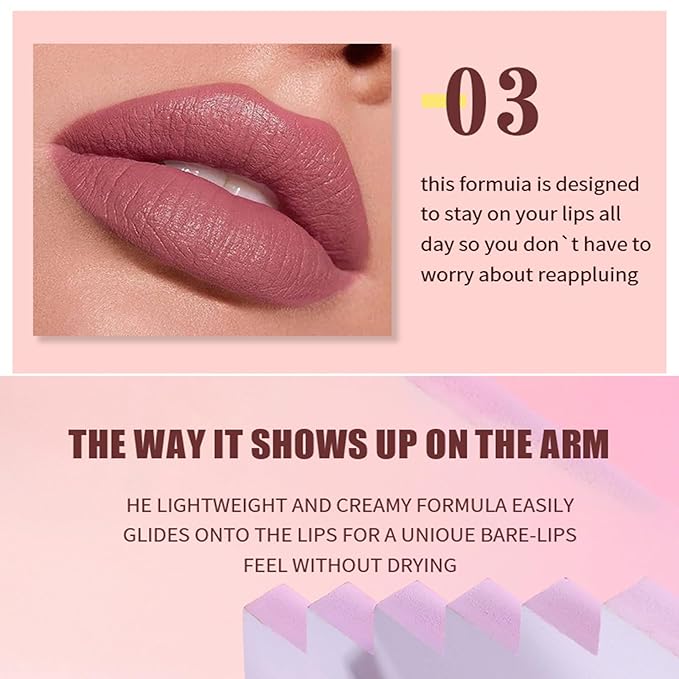 12Pcs Nude Matte Liquid Lipstick Set, Waterproof Long Lasting Non-Stick Cup 12 Colors Nude Lipstick 24 Hour Not Fade Matte Lipstick Professional Lip Gloss Makeup Valentine's Day Gift Sets for Women