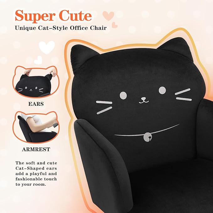IWMH Home Office Chair Wide Seat Desk Chair Cute Velvet Swivel Vanity Chairs Cat Themed Computer Task Chairs with Wheels Upholstered Modern Accent Armchair for Living Room Bedroom Study Makeup Black