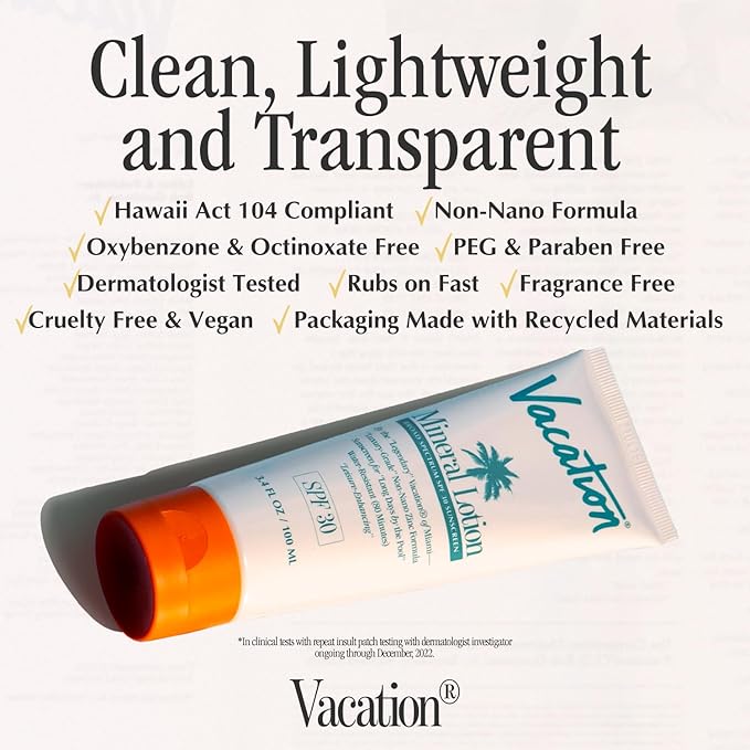 Vacation Mineral Lotion Sunscreen SPF 30 & Air Freshener Bundle, Non-Nano Zinc Oxide Formula, No White Cast, Water-Resistant, Dermatologist-Tested, Vegan, Travel Size, 3.4 Fl. Oz.
