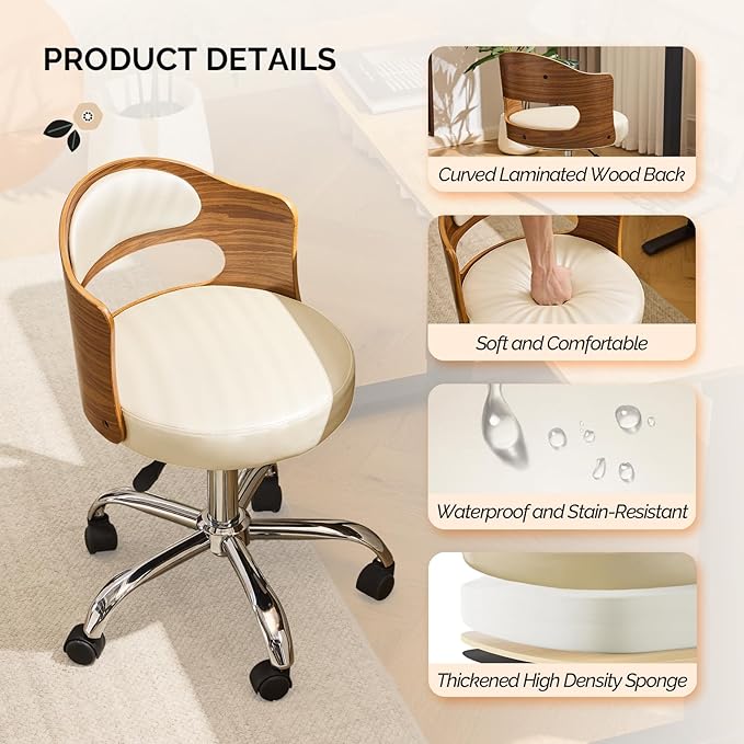 VINGLI Armless Home Office Desk Chair, Adjustable Swivel Chair,Dual-Use with/no Wheels,Small Retro Designed Walnut Curved Task Chair,Cushioned Nail Tech Chair for Study Area,Workspace,PU,Ivory White