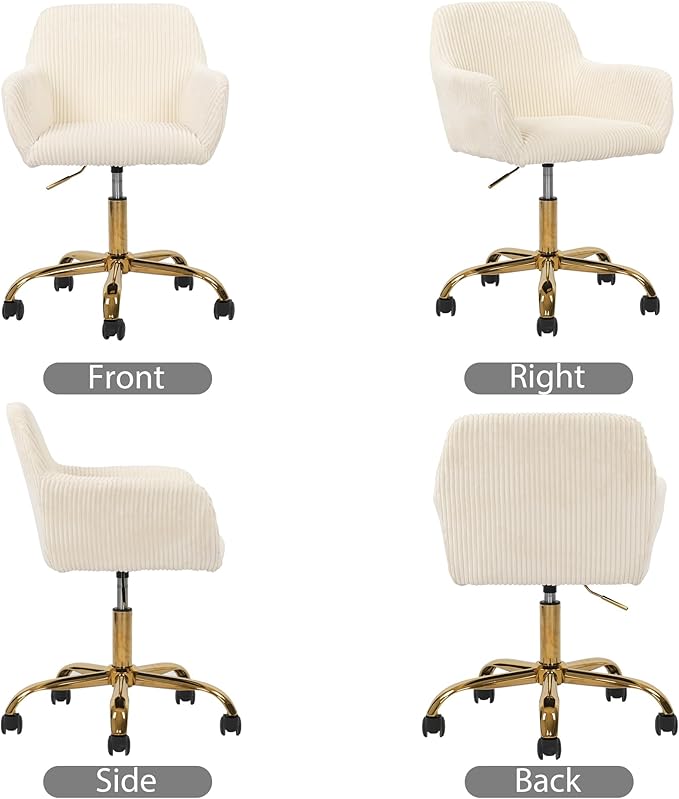 KCC Corduroy Fabric Vanity Makeup Desk Chair, Fluffy Swivel Modern Armchair with Wheels, Upholstered Fuzzy Height Adjustable for Girls Home Office, Beige