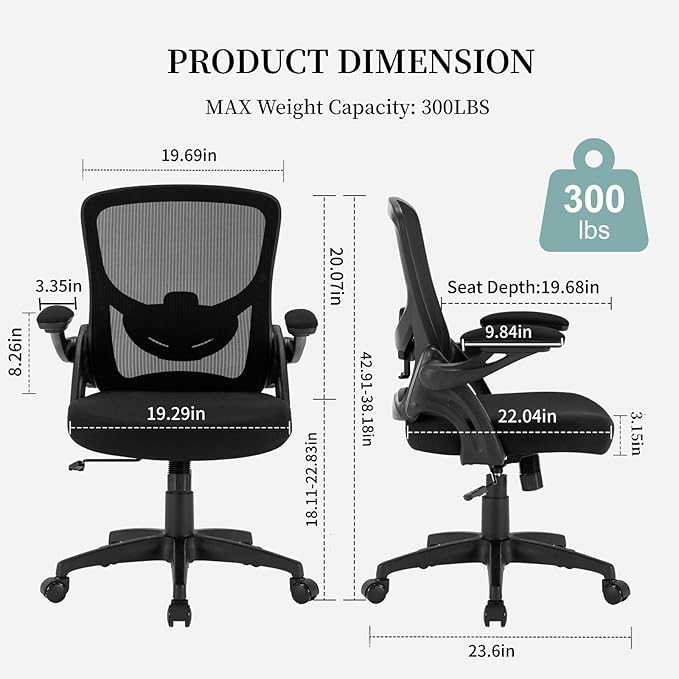 Ergonomic Office Chair Comfy, Mesh Desk Chair with Flip up Armrests, Swivel Computer Desk Chair with Adjustable Lumbar Support and Height for Home Office, 300 lbs Capacity