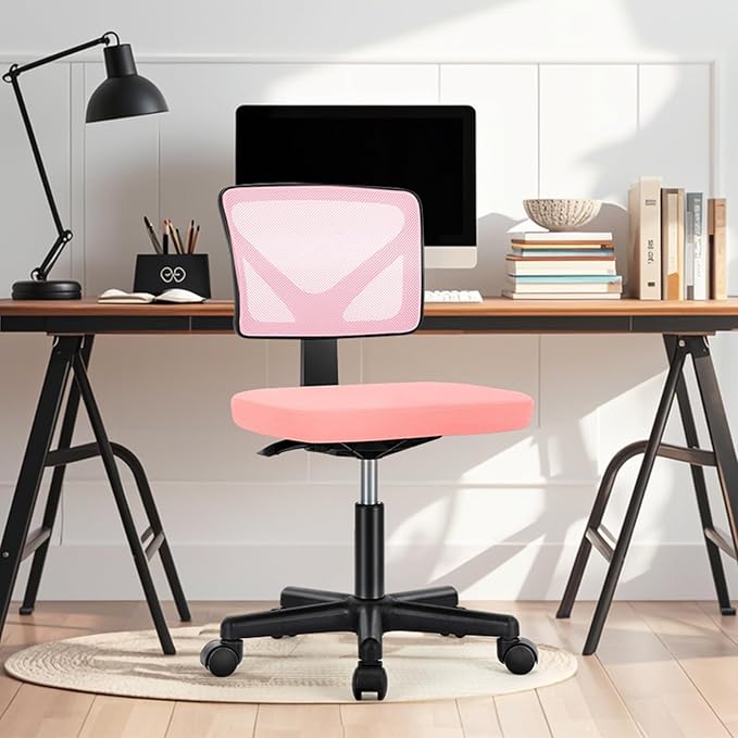 NEWBULIG Home Office Desk Chair, Armless Ergonomic Swivel Computer Chair with Wheels, Adjustable Height and Low-Back Mesh, Rolling Chair with Lumbar Support and Soft Seat for Small Spaces, Pink