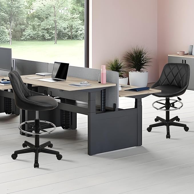 Drafting Chair with Backrest and Wheels, Adjustable Footrest Height Rolling Stool, PU Leather Tall Swivel Chairs Work Shop Office Desk Stools for Kitchen Home Bar, Black, 4 Pack