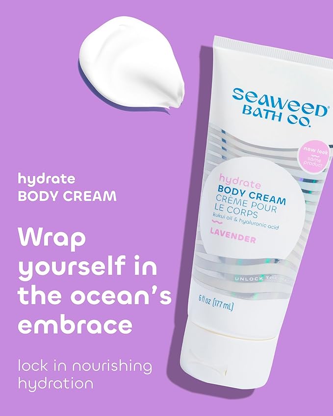 Seaweed Bath Co. Hydrate Body Cream - Lavender - Hydrating Scented Moisturizer for Body and Hands - With Vitamin E, Hyaluronic Acid and Shea Butter for Dry Skin - 6 oz
