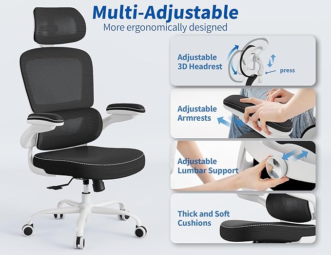TRALT Ergonomic Office Chair - Desk Chair with Adjustable Headrest Lumbar Support Computer Chair - Mesh Comfy Chair with Flip-up Armrests - Gaming Chairs for Adults Home Office (Leather, Black White)
