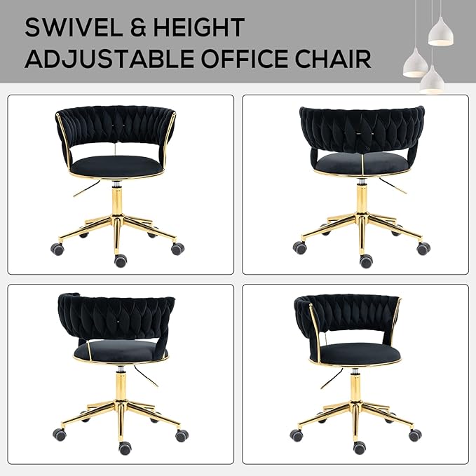 NIOIIKIT Velvet Office Desk Chair with Hand Woven Backrest, 360° Swivel & Height Adjustable Task Chairs, Makeup Chair, Living Room Chairs with Stainless Base and 5 Wheels (Black)
