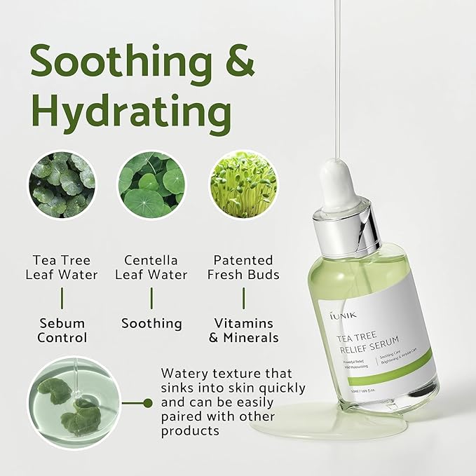 IUNIK Tea Tree Relief Vegan Serum for Acne-Prone Skin - Non-Sticky & Lightweight Facial Ampoule with Centella Asiatica for Soothing, Calming, and Balancing - Korean Skincare 1.7 Fl Oz