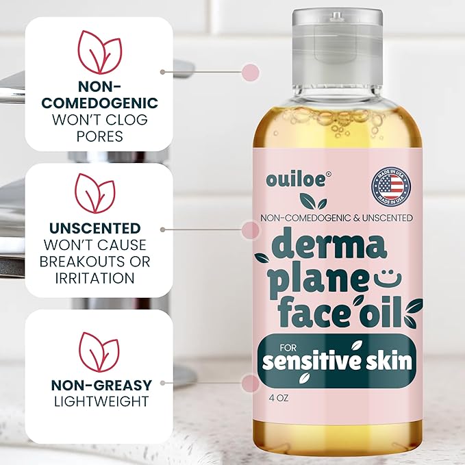 Dermaplane Oil for Sensitive Skin - Non Comedogenic Face Shaving Oil for Women - Unscented, Safe for Acne Prone Skin, Non Irritating & Non Greasy Face Oil for Dermaplaning Tool & Razors, 4oz by Ouiloe
