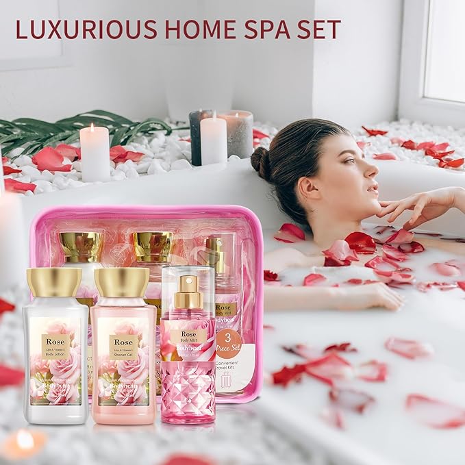 Bath and Body Gift Set for Women and Girls,Rose 3PCS Set - Shower Gel,Body Lotion,Body Mist,Personal Portable Body Care Travel Set,Home Spa Set for Birthday Mother's Day Gifts for Her